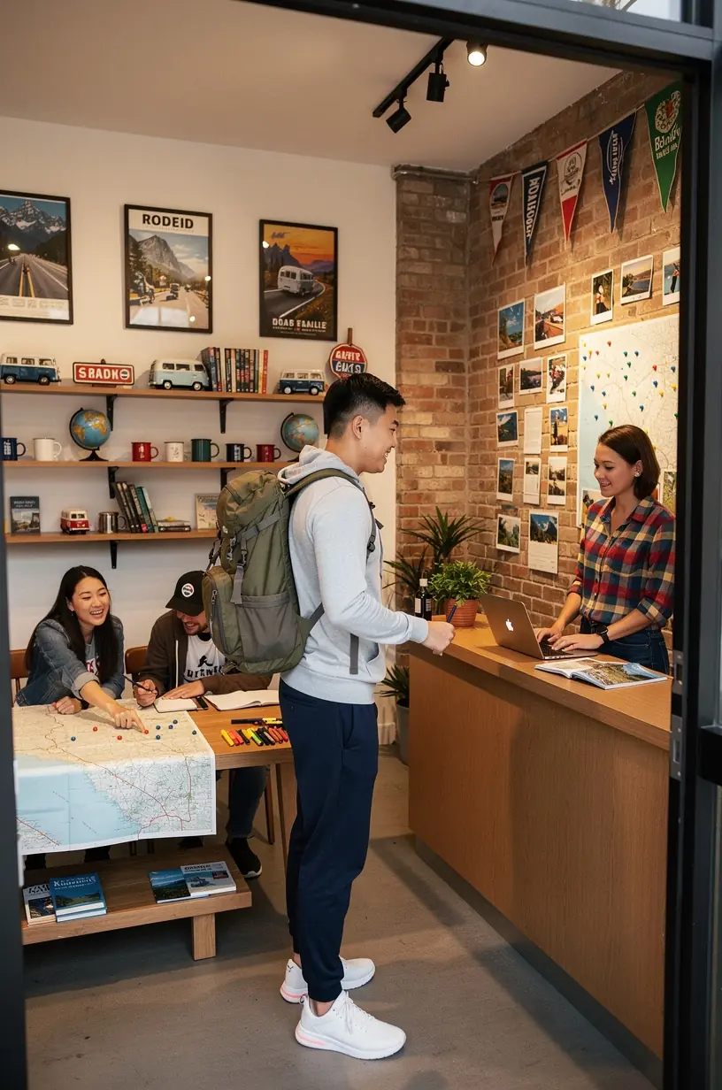 Печатные материалы с маршрутами автопутешествий, заметками и советами, аккуратно разложенные на столе.