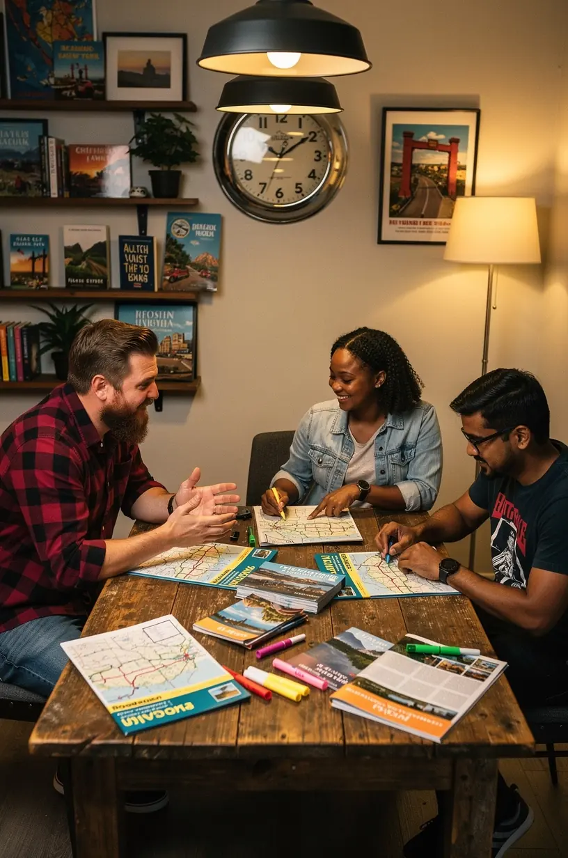 Эксперт по путешествиям показывает клиенту варианты остановок и достопримечательностей на крупной карте США.