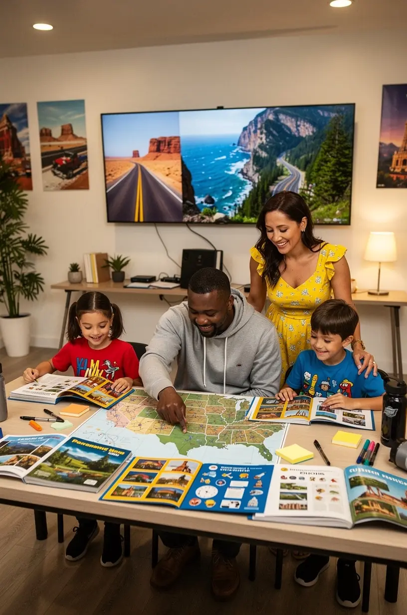 Сотрудник студии планирования путешествий консультирует клиента по маршруту поездки по США с использованием печатных карт.